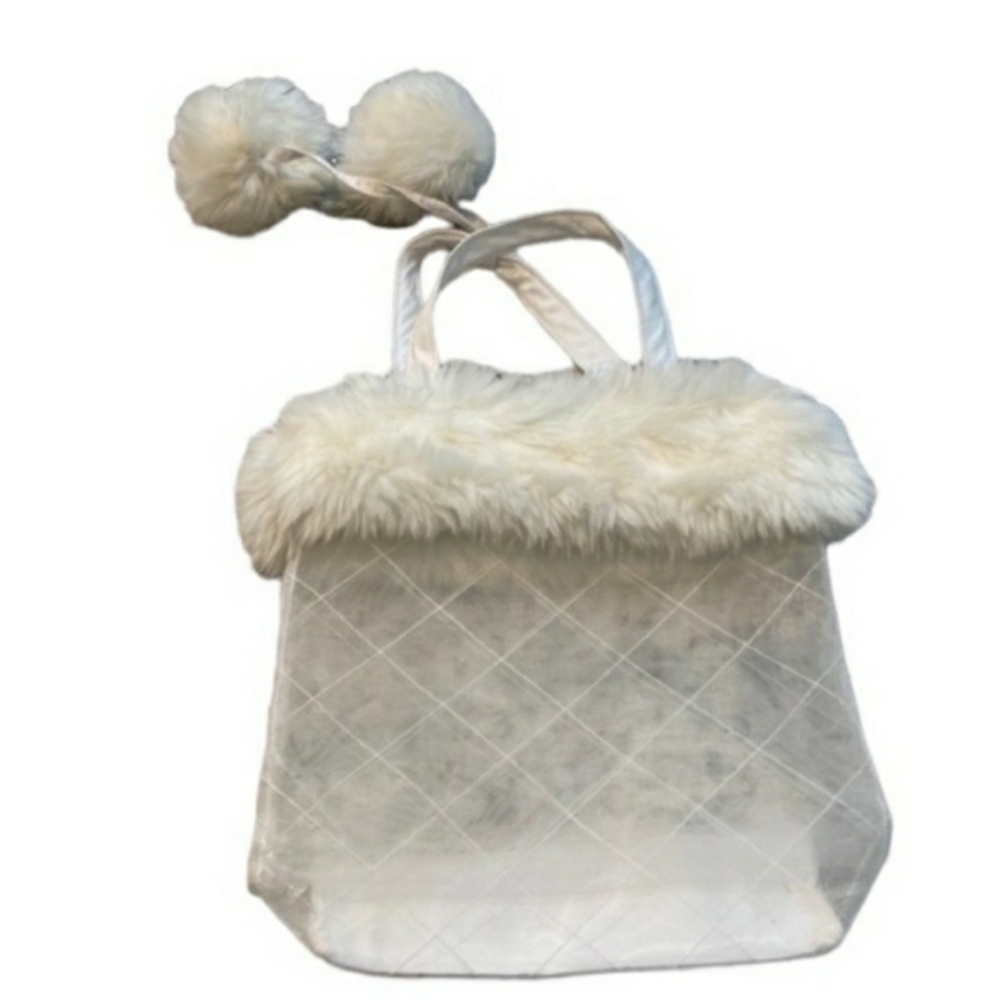 White Fur Trimmed Pom Pom Frosted See Through Purse 10x11" - Picture 1 of 5